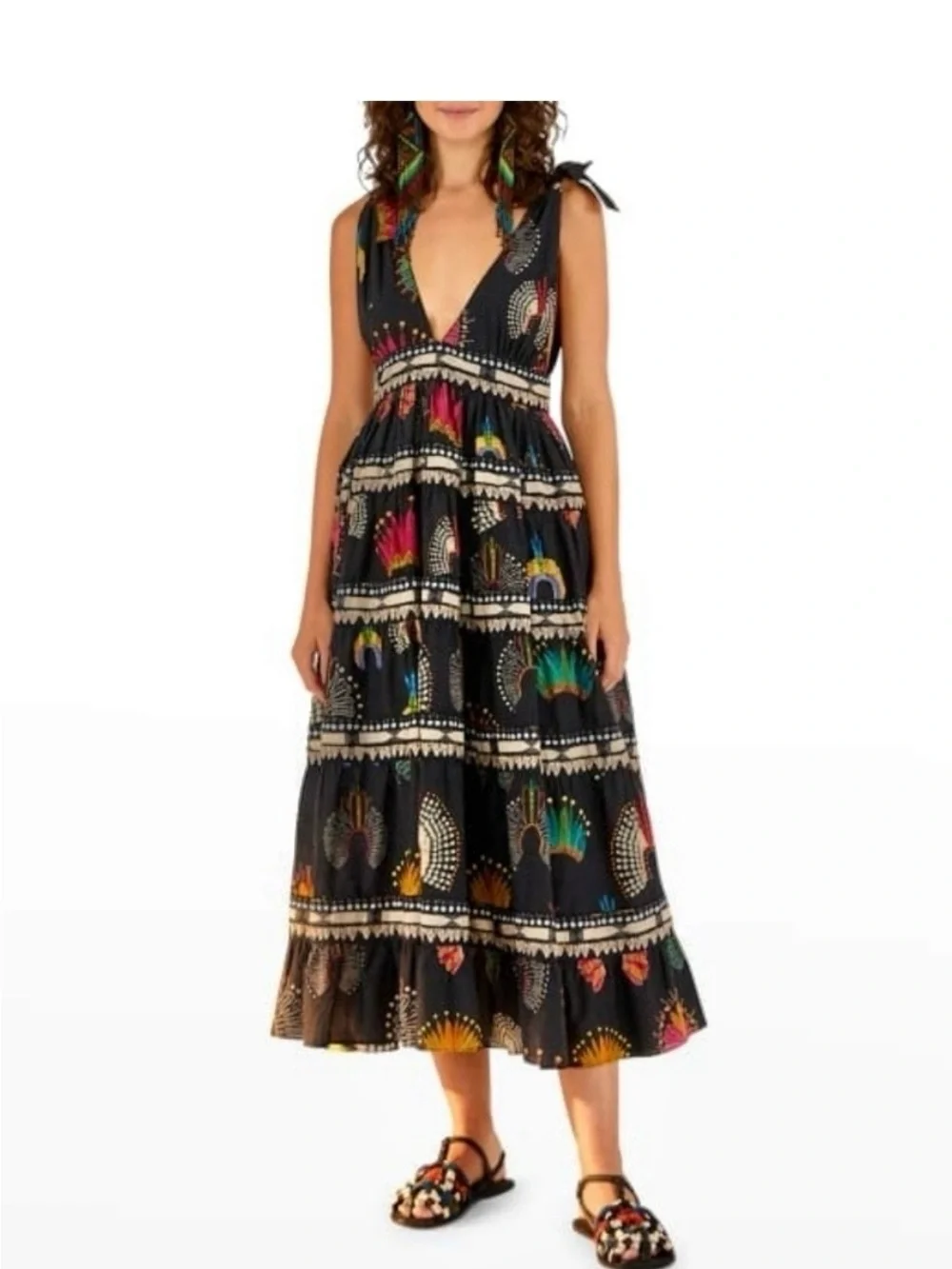 Farm Rio Sz S Boho Tiered Black Maxi Dress w Colorful Floral Embroidered Motif